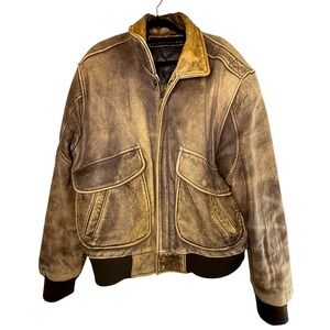 Vintage U2 Wear Me Out Leather Bomber Jacket Mens 40 Medium Brown Distressed 80s